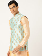 Mens Silk Blend Self Design Sea Green Nehru Jacket