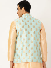 Mens Silk Blend Self Design Sea Green Nehru Jacket