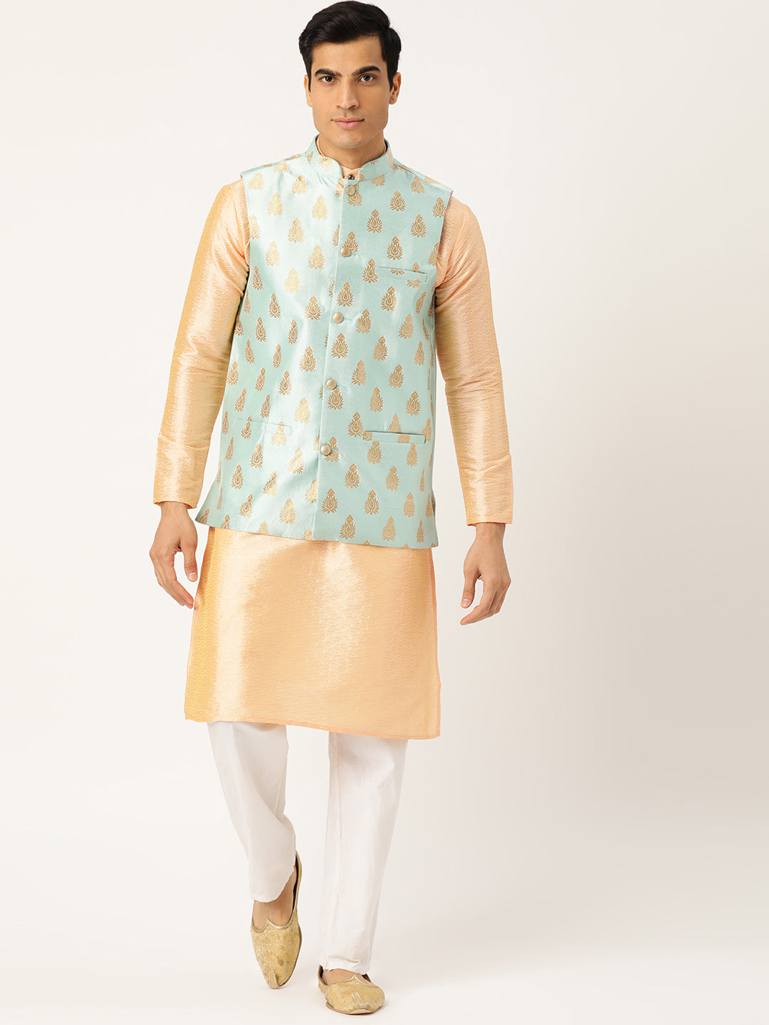 Mens Silk Blend Self Design Sea Green Nehru Jacket