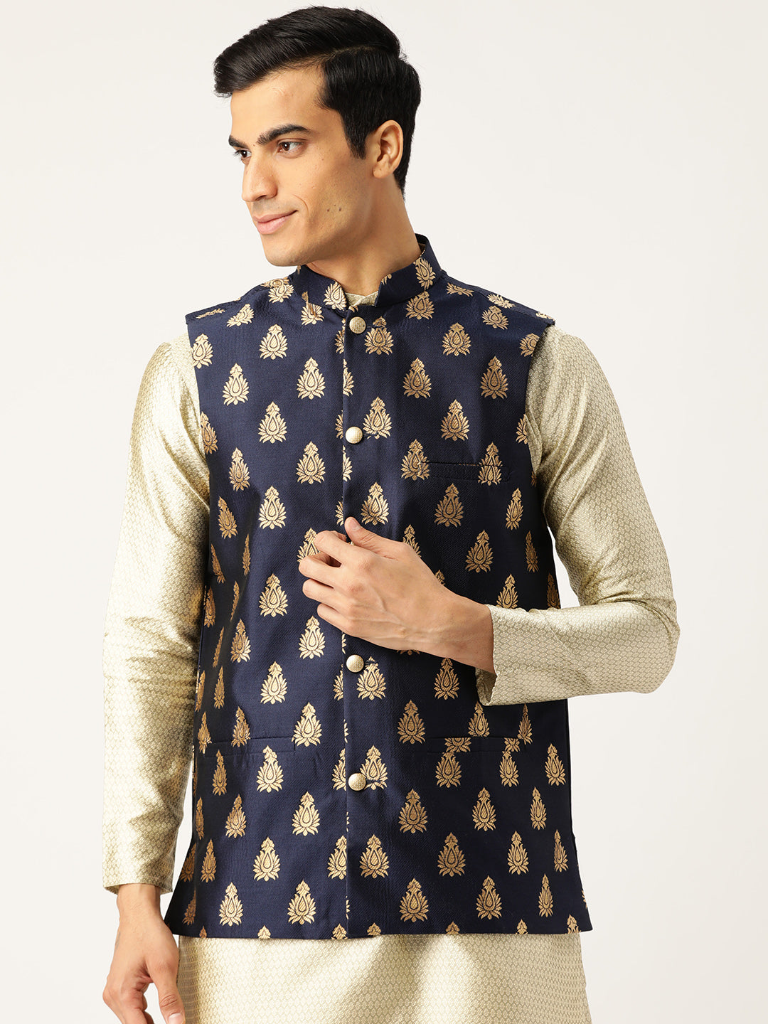 Mens Silk Blend Self Design Navy Nehru Jacket