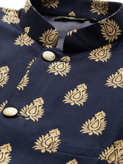 Mens Silk Blend Self Design Navy Nehru Jacket