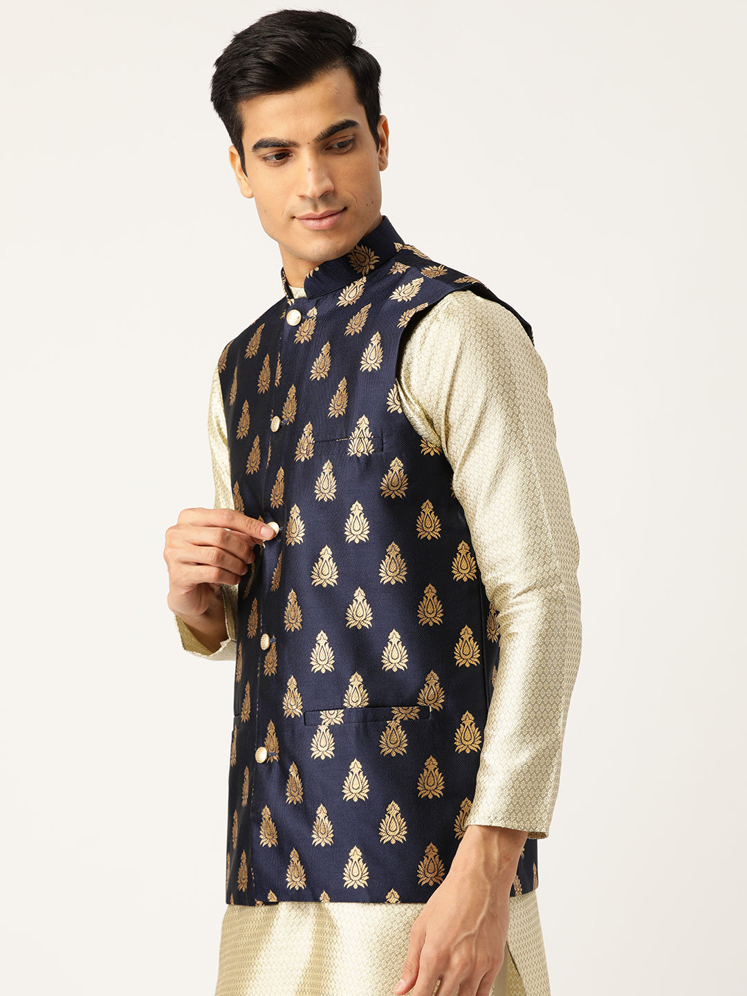 Mens Silk Blend Self Design Navy Nehru Jacket