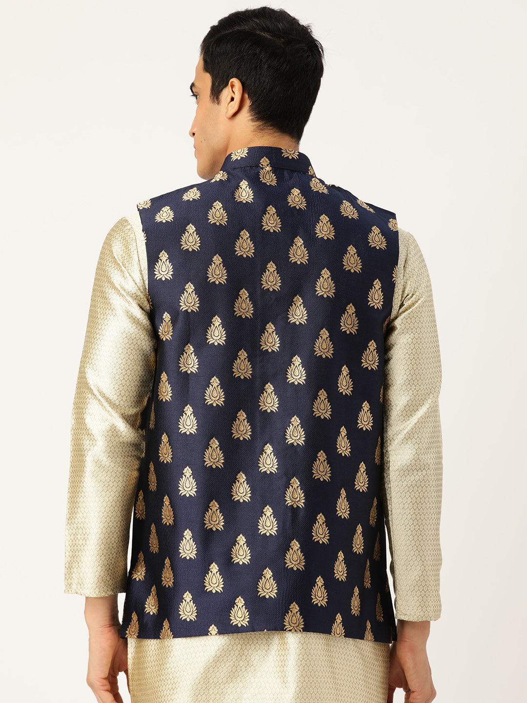 Mens Silk Blend Self Design Navy Nehru Jacket