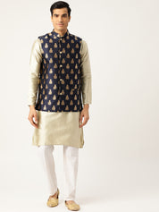 Mens Silk Blend Self Design Navy Nehru Jacket