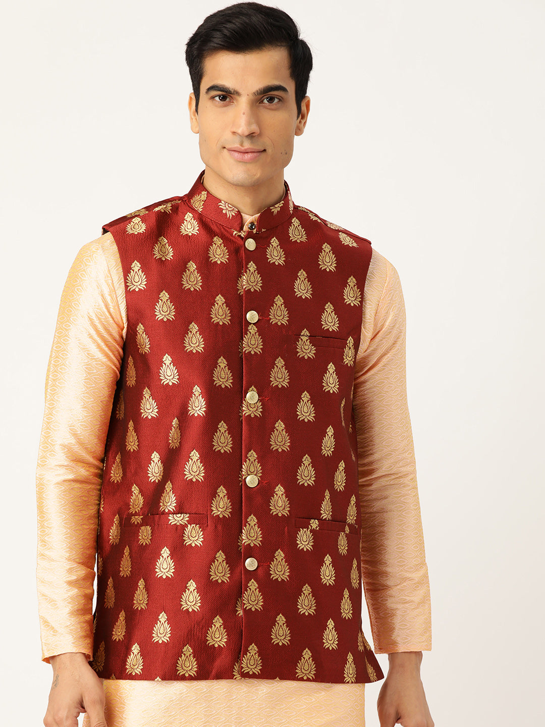 Mens Silk Blend Self Design Maroon Nehru Jacket