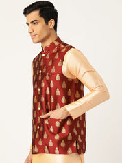 Mens Silk Blend Self Design Maroon Nehru Jacket