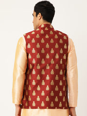 Mens Silk Blend Self Design Maroon Nehru Jacket