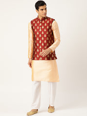 Mens Silk Blend Self Design Maroon Nehru Jacket