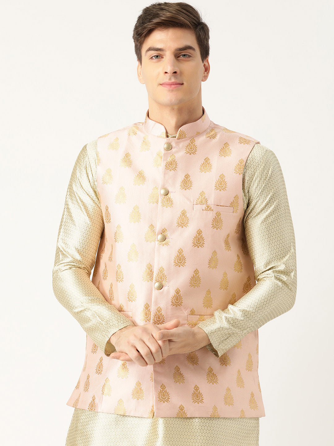 Mens Silk Blend Self Design Pink Nehru Jacket