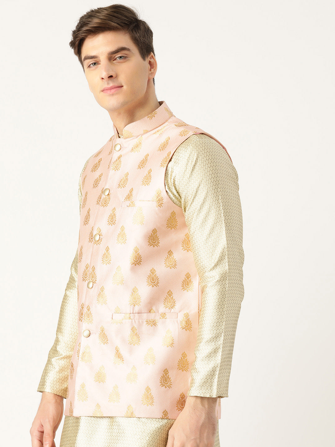 Mens Silk Blend Self Design Pink Nehru Jacket