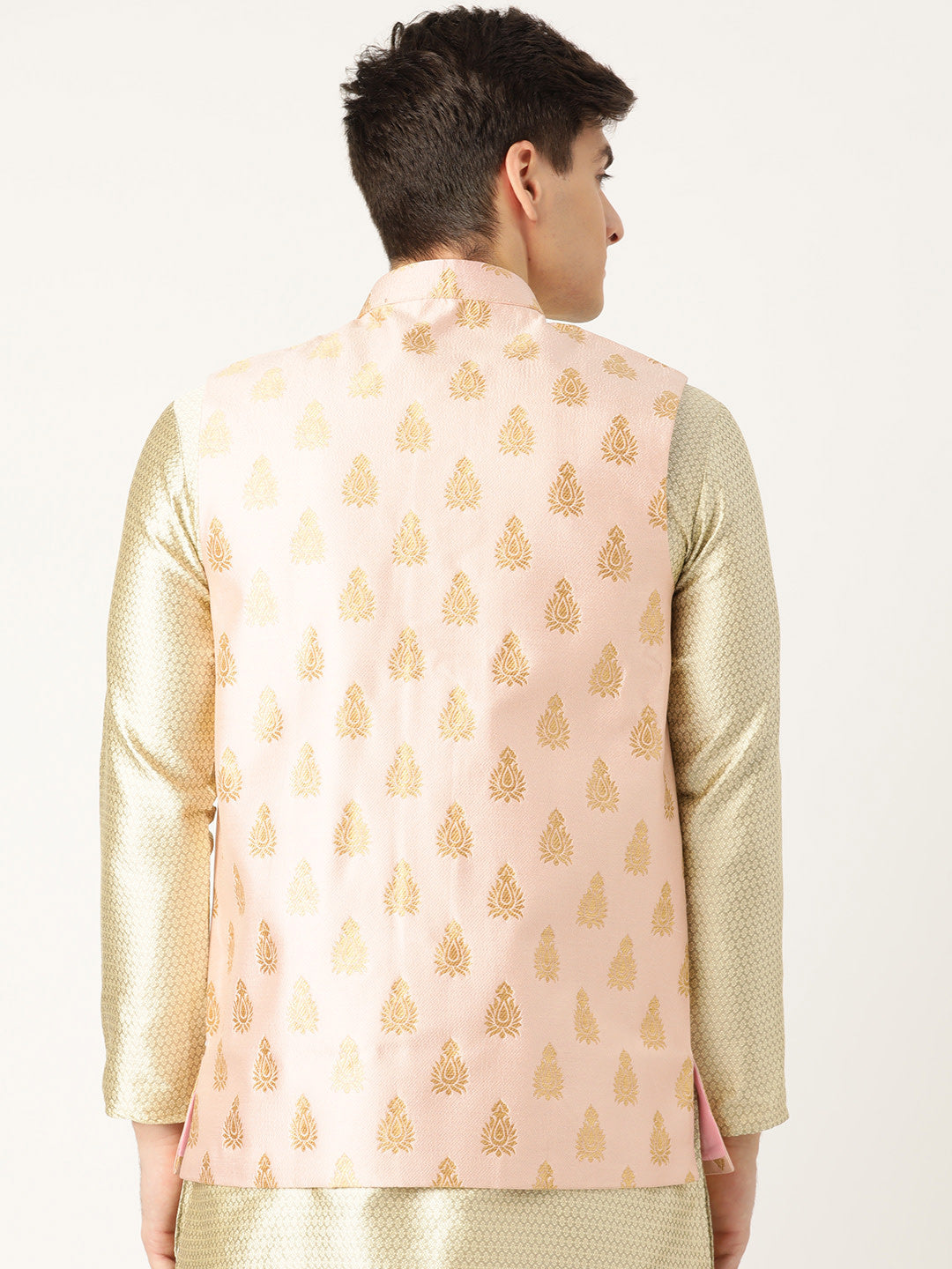 Mens Silk Blend Self Design Pink Nehru Jacket