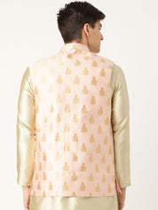 Mens Silk Blend Self Design Pink Nehru Jacket