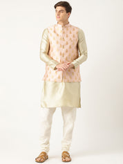 Mens Silk Blend Self Design Pink Nehru Jacket