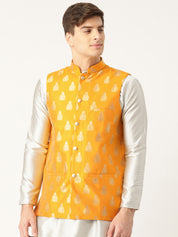 Mens Silk Blend Self Design Mustard Nehru Jacket