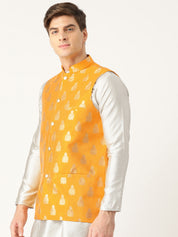 Mens Silk Blend Self Design Mustard Nehru Jacket