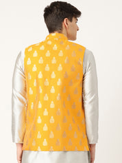 Mens Silk Blend Self Design Mustard Nehru Jacket