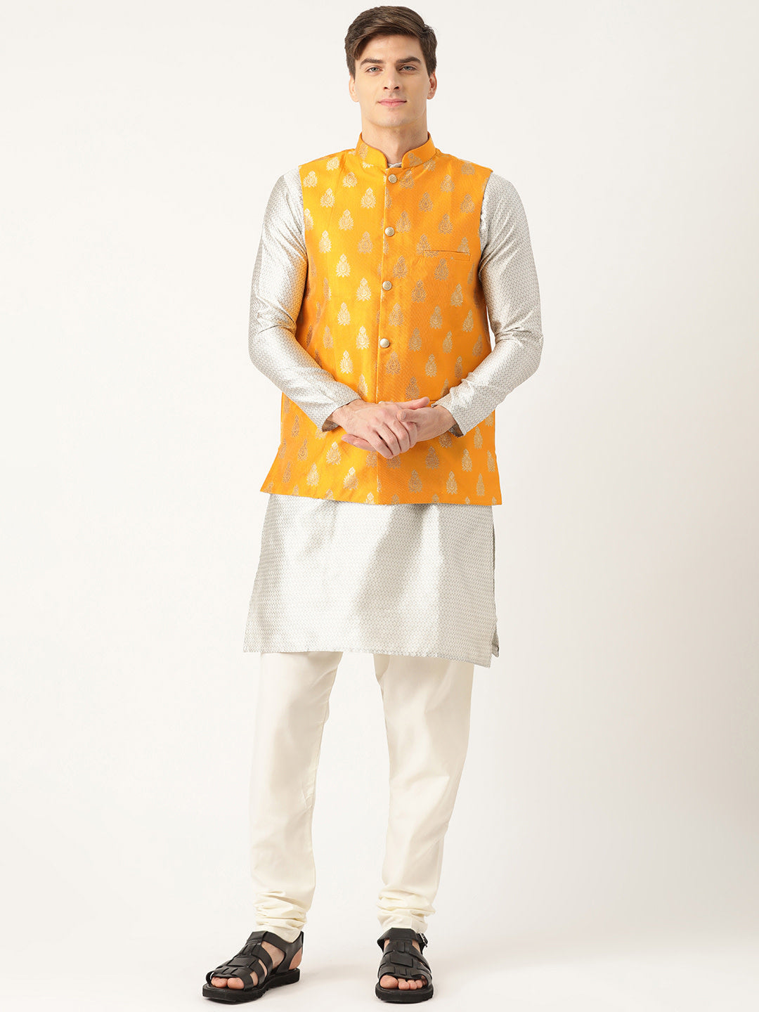 Mens Silk Blend Self Design Mustard Nehru Jacket