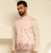 Men's Silk Blend Exquisite Daman Embroidered Pink Only Nehru Jacket