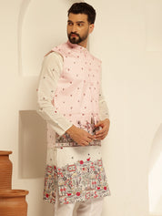 Men's Silk Blend Exquisite Daman Embroidered Pink Only Nehru Jacket