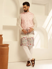 Men's Silk Blend Exquisite Daman Embroidered Pink Only Nehru Jacket