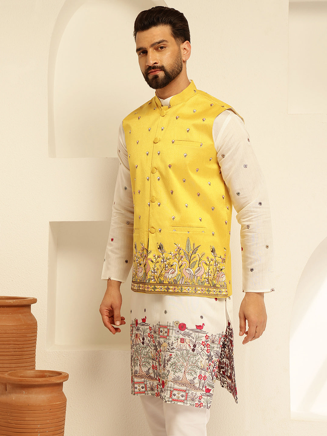 Men's Silk Blend Exquisite Daman Embroidered Yellow Only Nehru Jacket