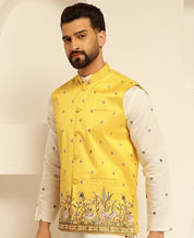 Men's Silk Blend Exquisite Daman Embroidered Yellow Only Nehru Jacket
