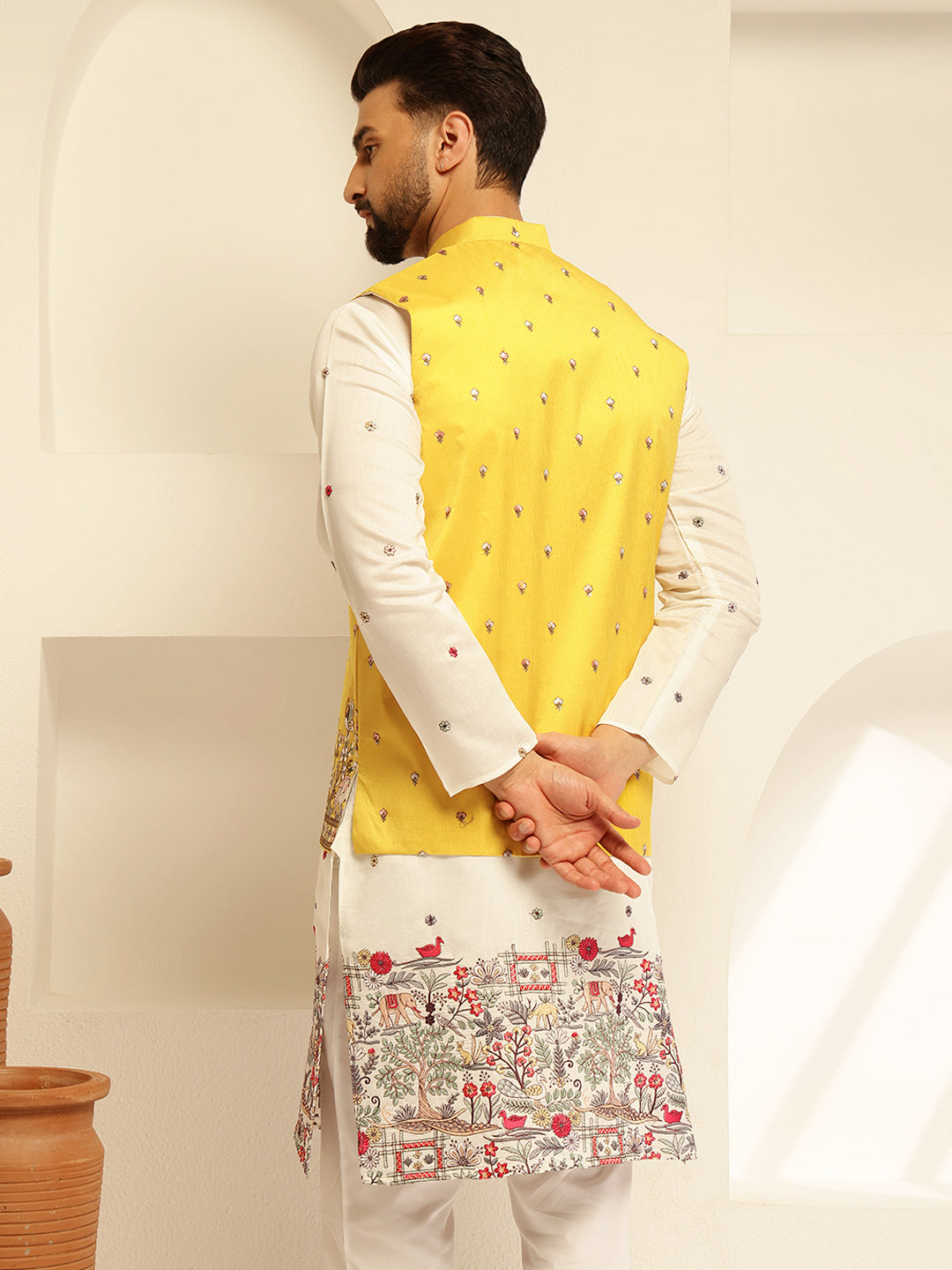 Men's Silk Blend Exquisite Daman Embroidered Yellow Only Nehru Jacket