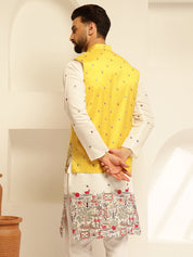 Men's Silk Blend Exquisite Daman Embroidered Yellow Only Nehru Jacket