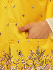 Men's Silk Blend Exquisite Daman Embroidered Yellow Only Nehru Jacket