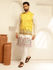 Men's Silk Blend Exquisite Daman Embroidered Yellow Only Nehru Jacket