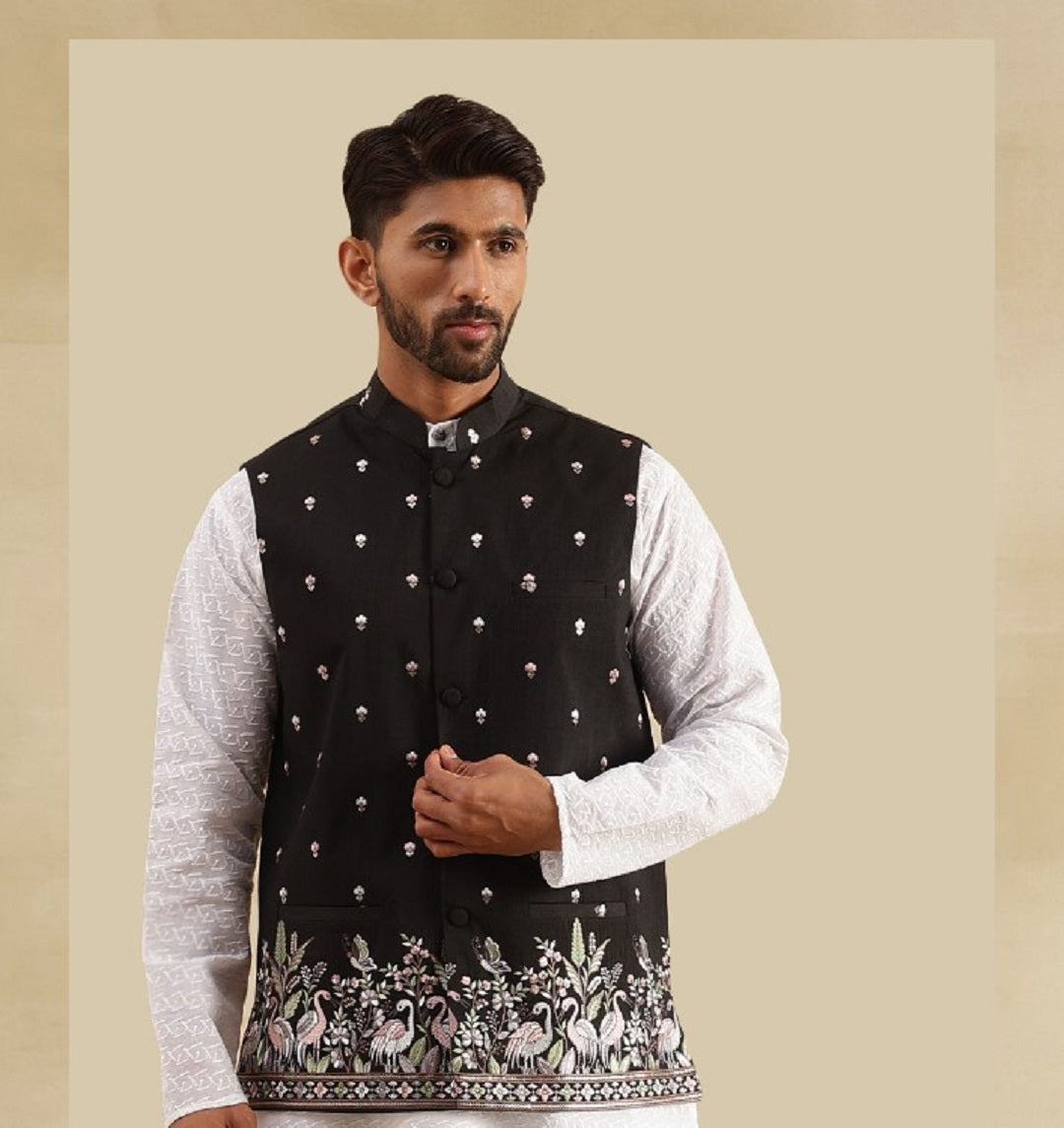Men's Silk Blend Exquisite Daman Embroidered Black Nehru Jacket