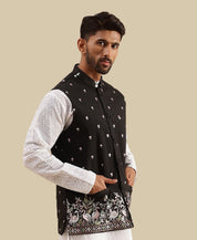 Men's Silk Blend Exquisite Daman Embroidered Black Nehru Jacket