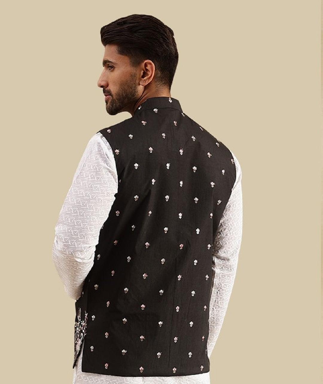 Men's Silk Blend Exquisite Daman Embroidered Black Nehru Jacket