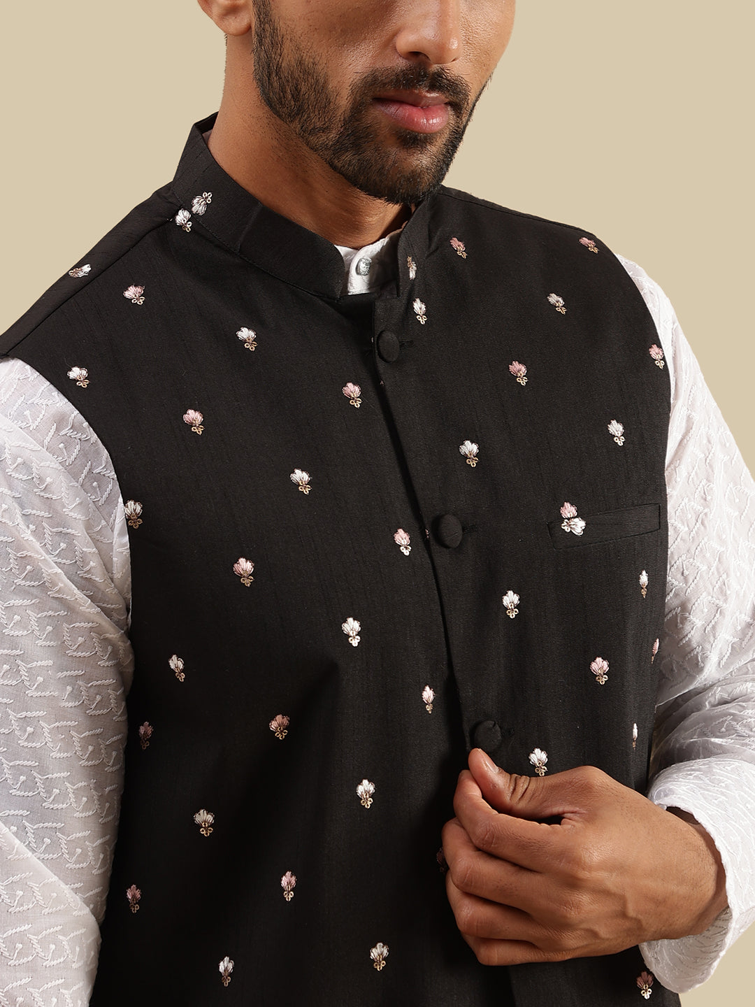 Men's Silk Blend Exquisite Daman Embroidered Black Nehru Jacket