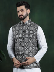 Men's Premium Silk Box Embroidered Black Nehru Jacket