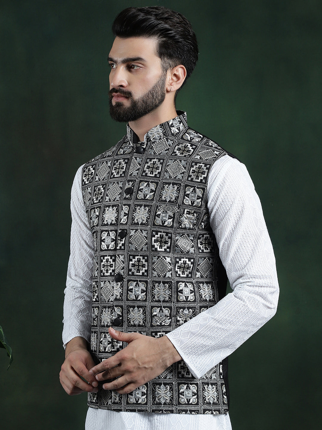 Men's Premium Silk Box Embroidered Black Nehru Jacket