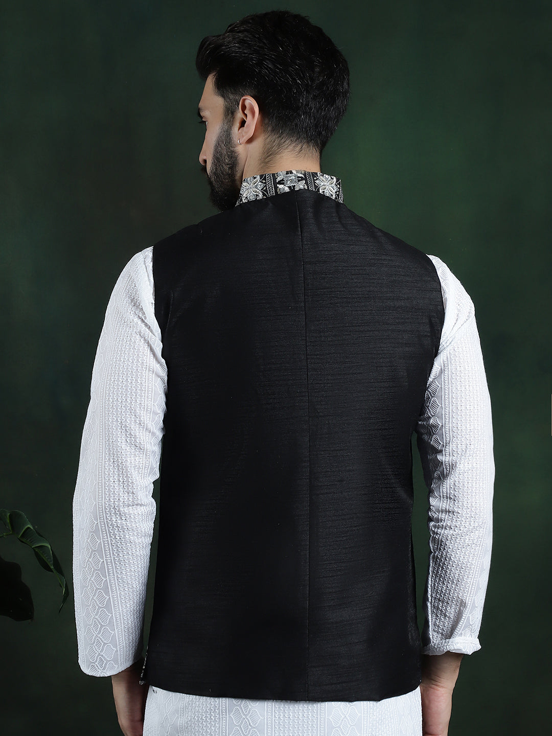 Men's Premium Silk Box Embroidered Black Nehru Jacket