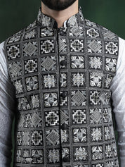 Men's Premium Silk Box Embroidered Black Nehru Jacket