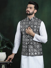 Men's Premium Silk Box Embroidered Black Nehru Jacket