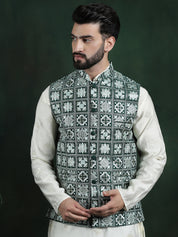 Men's Premium Silk Box Embroidered Green Nehru Jacket