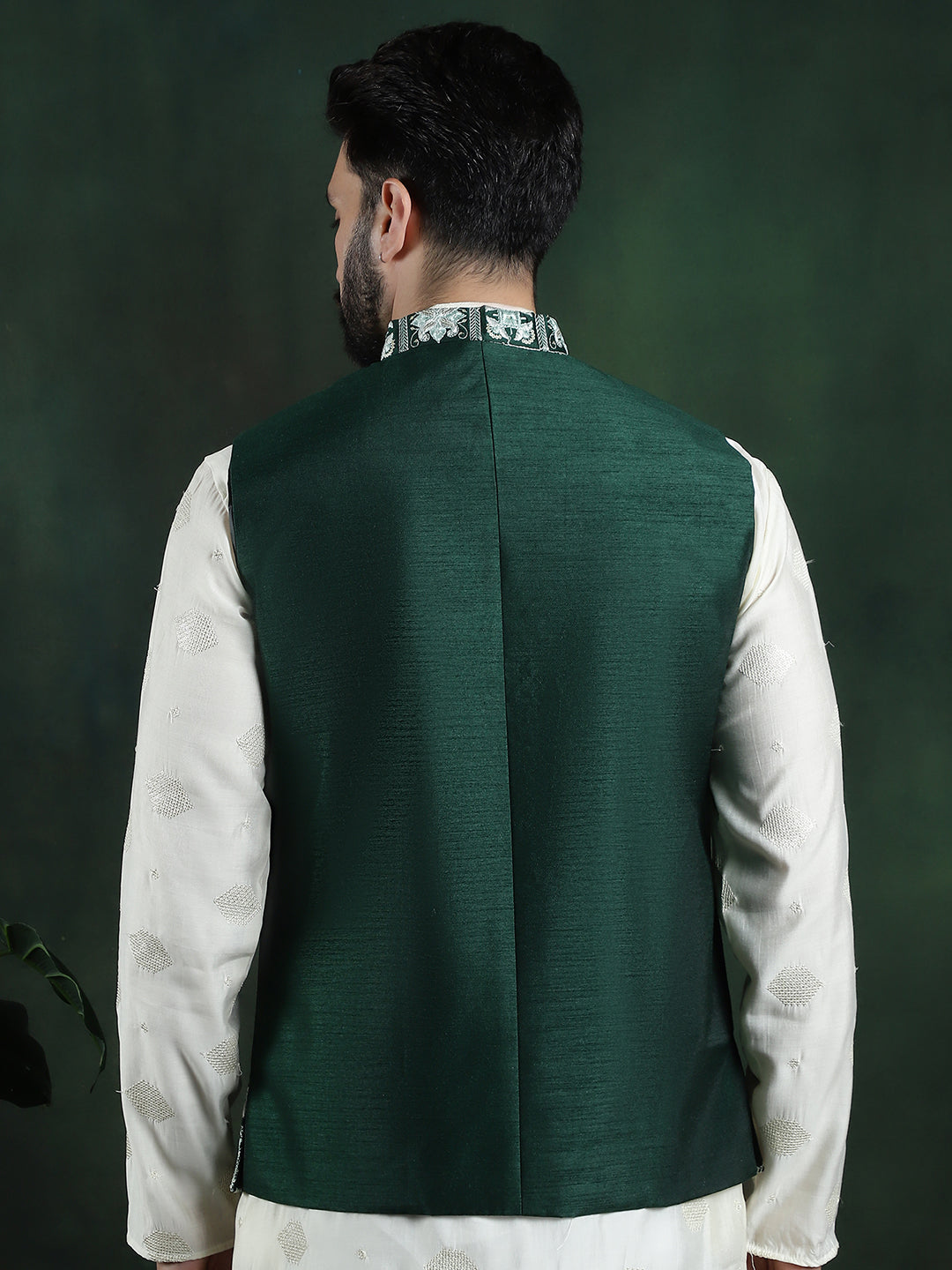 Men's Premium Silk Box Embroidered Green Nehru Jacket