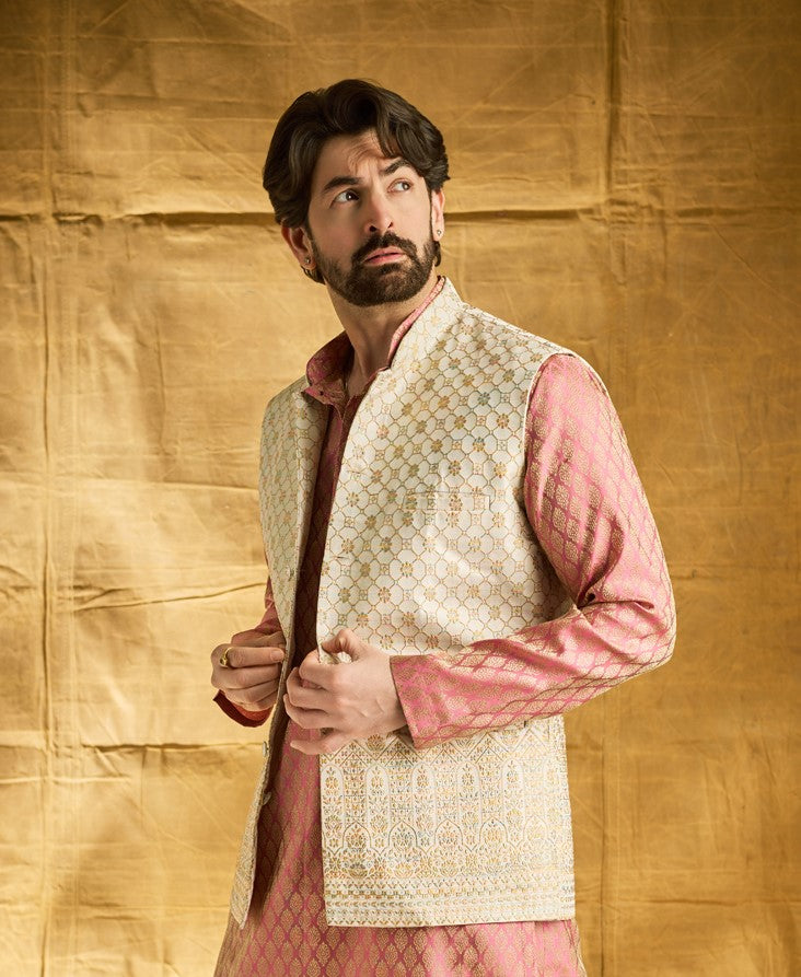 Men's Jacquard Silk, Cream with traditional Work On Bottom