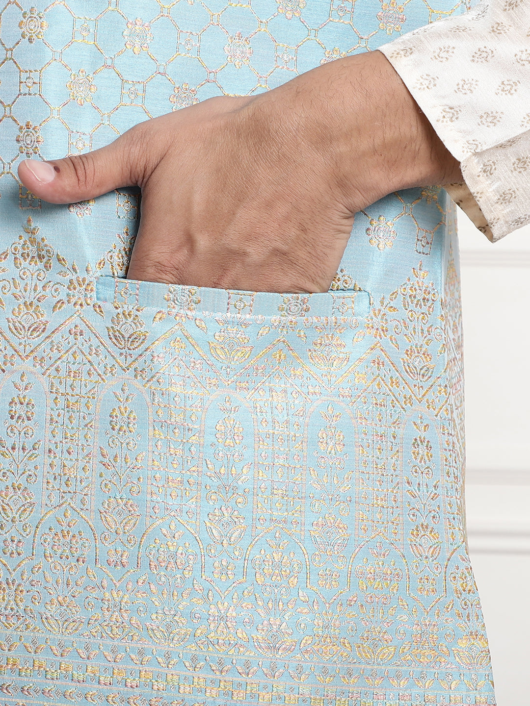 Men's Jacquard Silk, Blue with traditional Work On Bottom