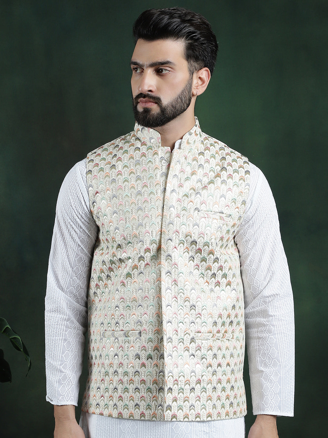 Men's Premium Silk Multi Colored Embroidered Cream Nehru Jacket