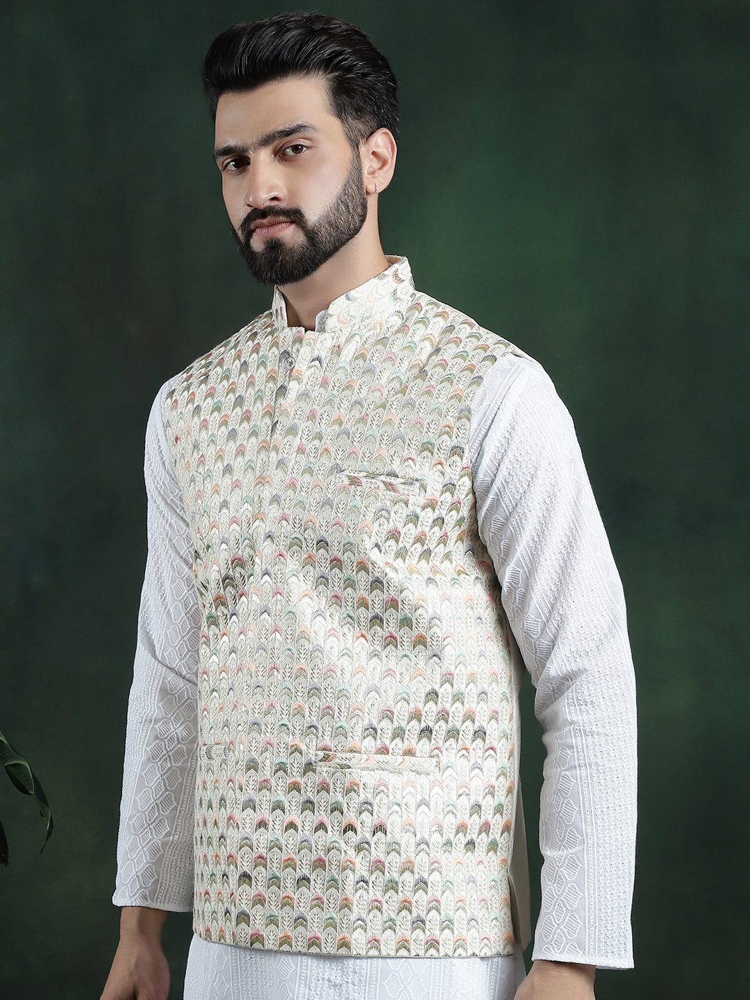 Men's Premium Silk Multi Colored Embroidered Cream Nehru Jacket