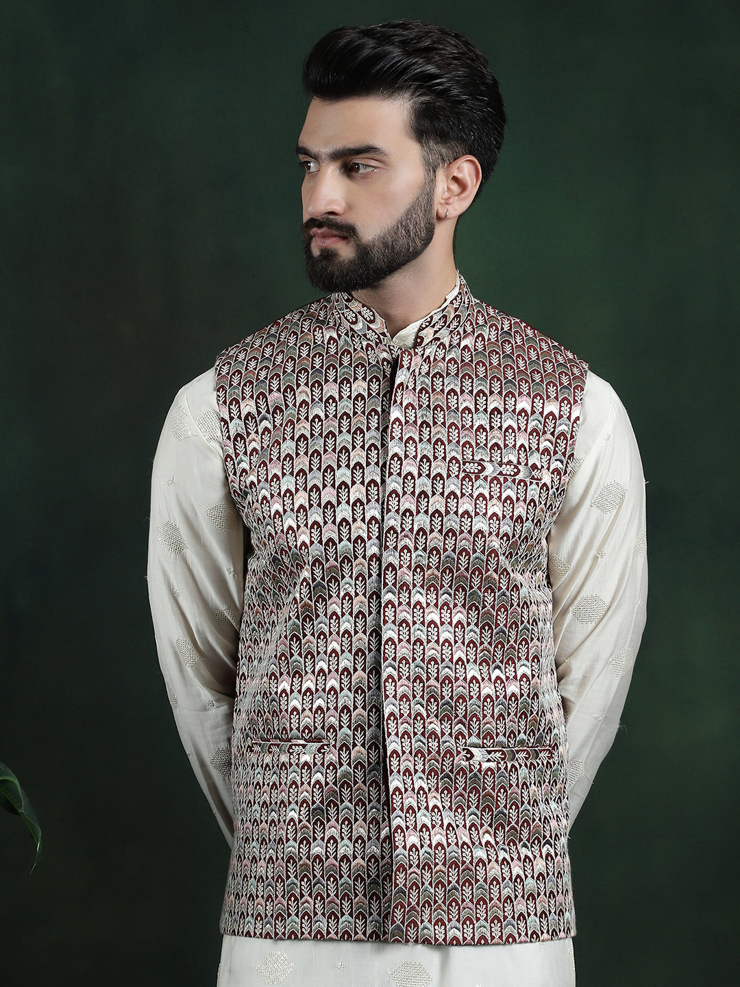 Men's Premium Silk Multi Colored Embroidered Maroon Nehru Jacket