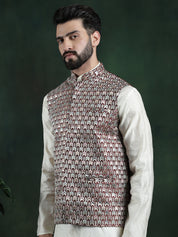 Men's Premium Silk Multi Colored Embroidered Maroon Nehru Jacket