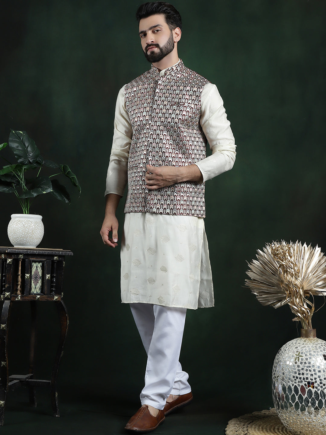 Men's Premium Silk Multi Colored Embroidered Maroon Nehru Jacket