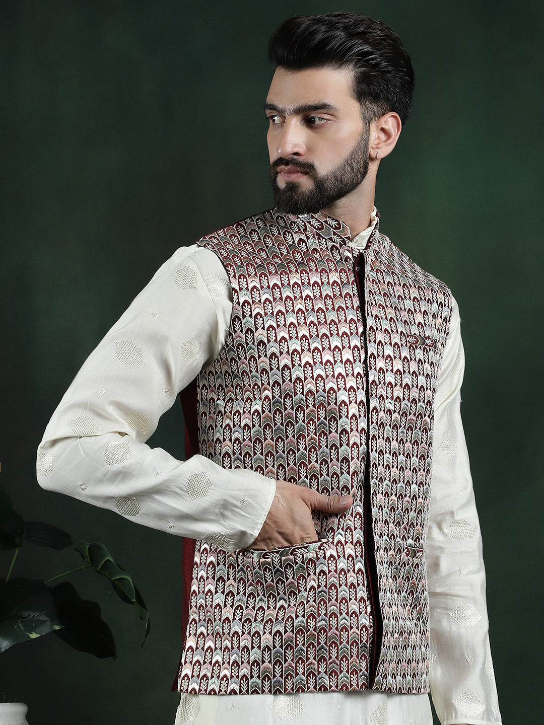 Men's Premium Silk Multi Colored Embroidered Maroon Nehru Jacket