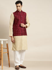 Men's Cotton Self Design Maroon Nehru Jacket